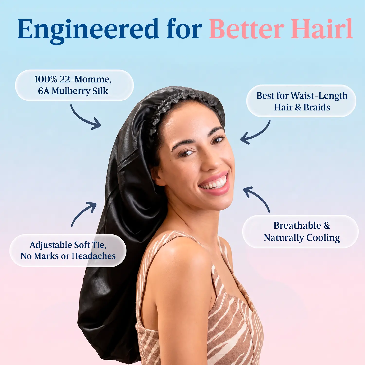 Blissy Cascade Bonnet – 100% Mulberry Silk – For Braids, Locs, Extensions & Waist-Length Hair