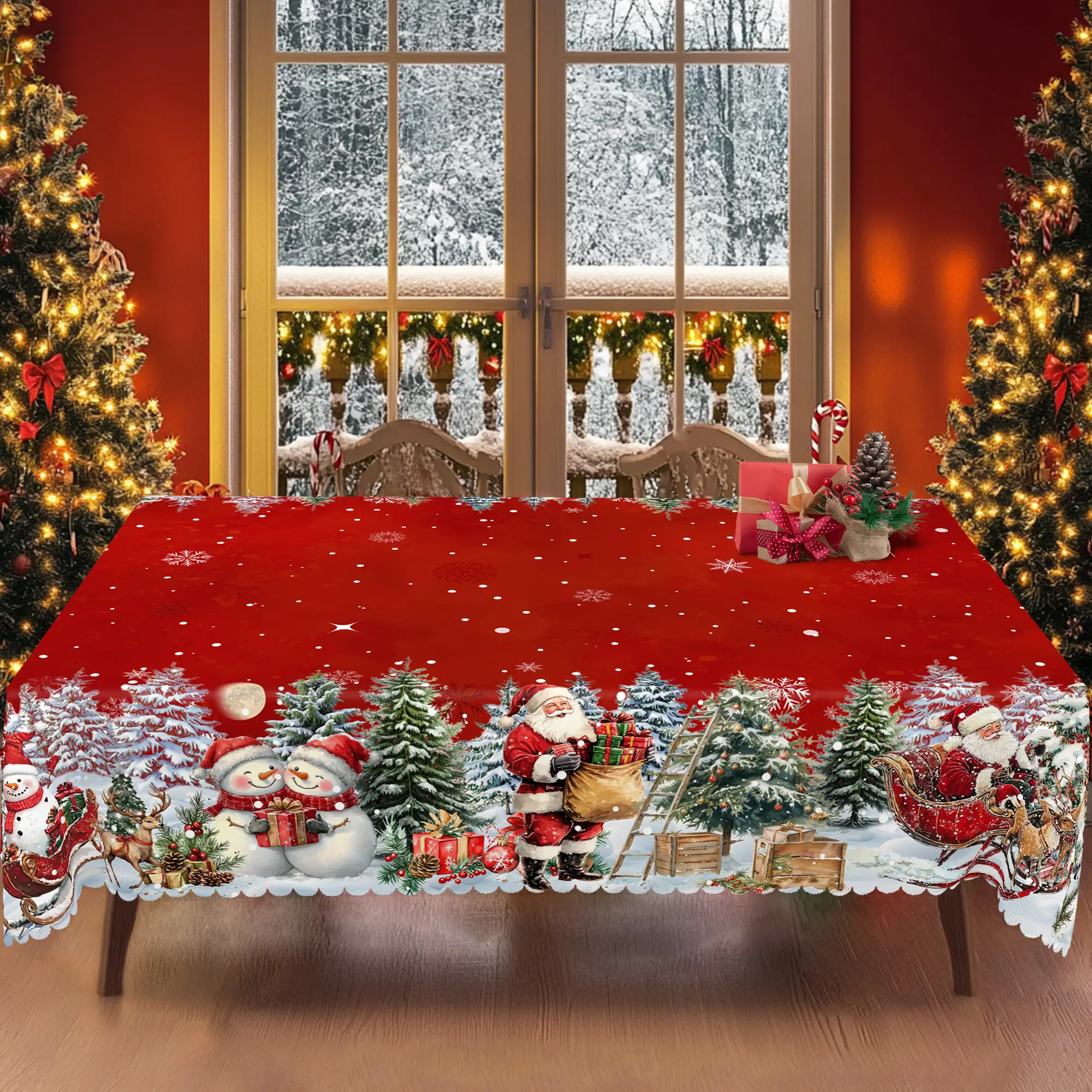 PLUMLIK Christmas Tablecloth with Santa Claus, Reindeer, Snowman, Christmas Tree Patterns, Christmas Decor 2025, Christmas Party Decoration for Home Indoor Outdoor, Vintage Red Round Rectangular Table Cloth, Holiday Kitchen Festive Decor, Christmas Gifts