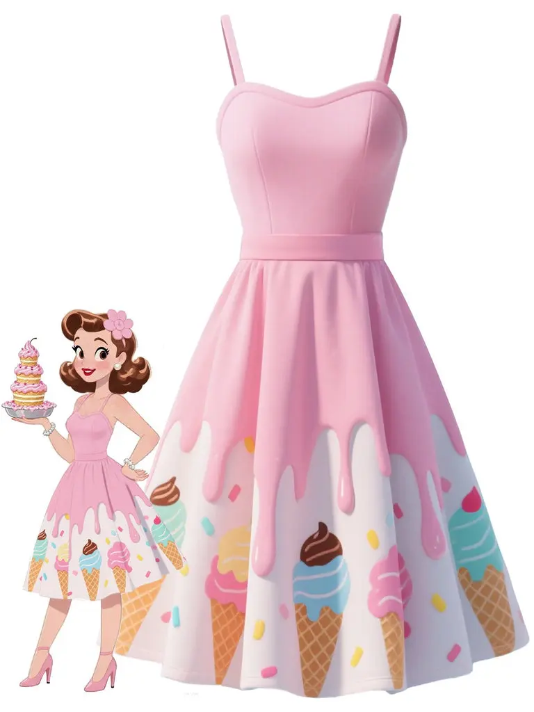 Pink 1950s Ice-Cream Sweetheart Neck Dress tiktokshopbacktoschool BackToSchool Pink 1950s Ice-Cream Sweetheart Neck Dress tiktokshopbacktoschool BackToSchool