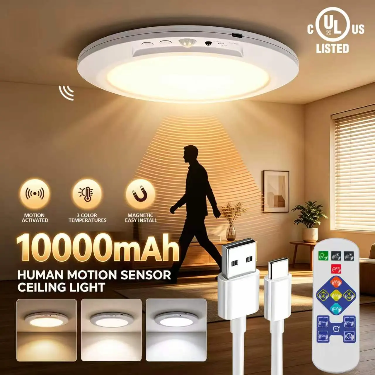Rechargeable Ceiling Light 2-Pack, 3 Color Modes, Motion Sensor with Remote, Wireless Battery-Operated Magnetic LED Lights for Shower, Closet, Pantry, Shed, Hallway, Porch, Garage tiktokshopspringglowup
