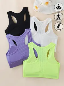 JOINBUY 4 Pcs Shock-Absorbing Sports Bras for Autumn & Winter Wireless Bralette with Removable Padding Racerback Design for Yoga Running Breathable Comfort High-Impact Support Quick-Drying Fashion Women's Everyday Wear Ice Silk Low Waist Underwear