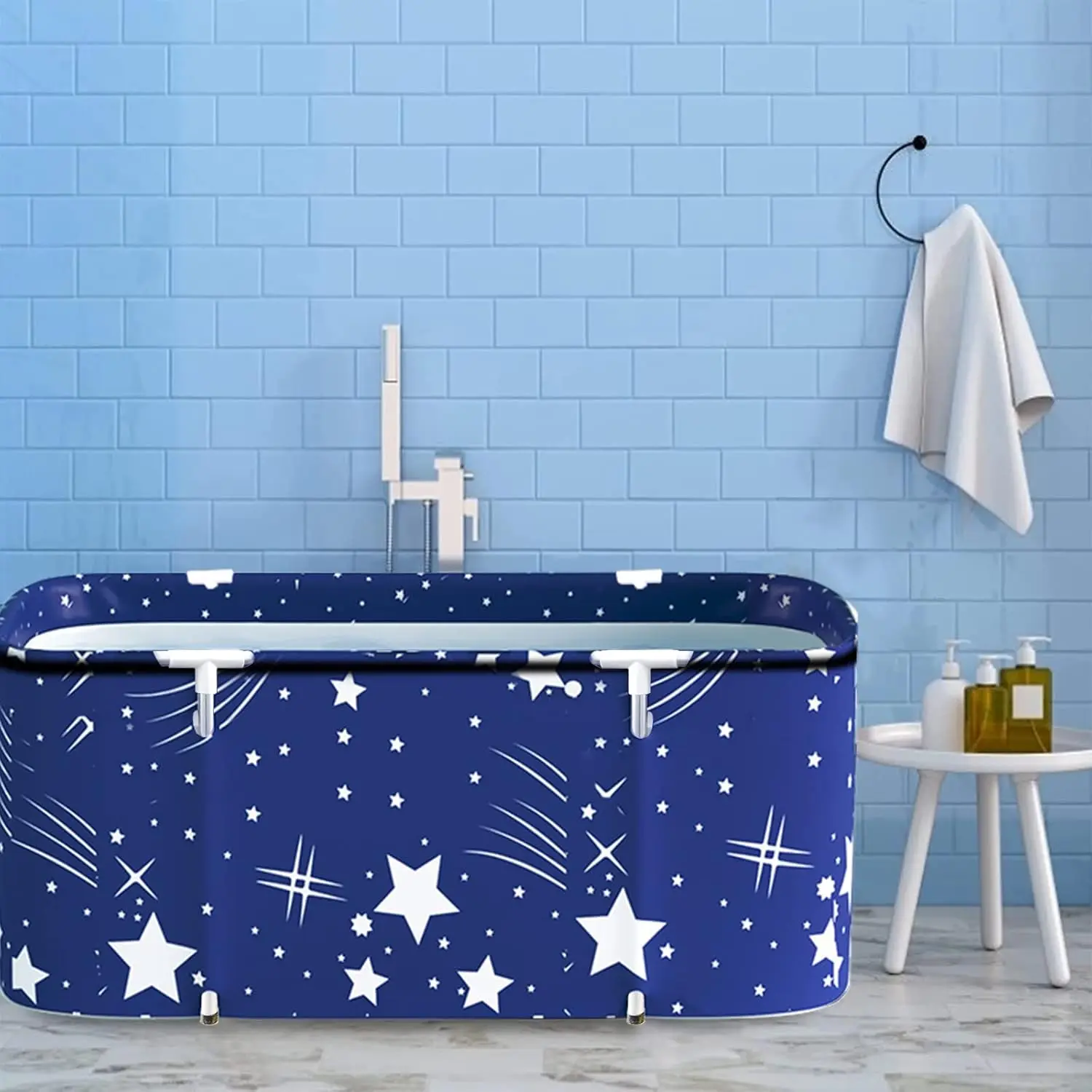 XL Plastic Foldable Portable Soaking Bathtub for Adults - Eco-Friendly Bathroom Wash Tub, Thick Thermal Foam for Insulation, Double Drain, Indoor & Outdoor Use (Blue Sky)