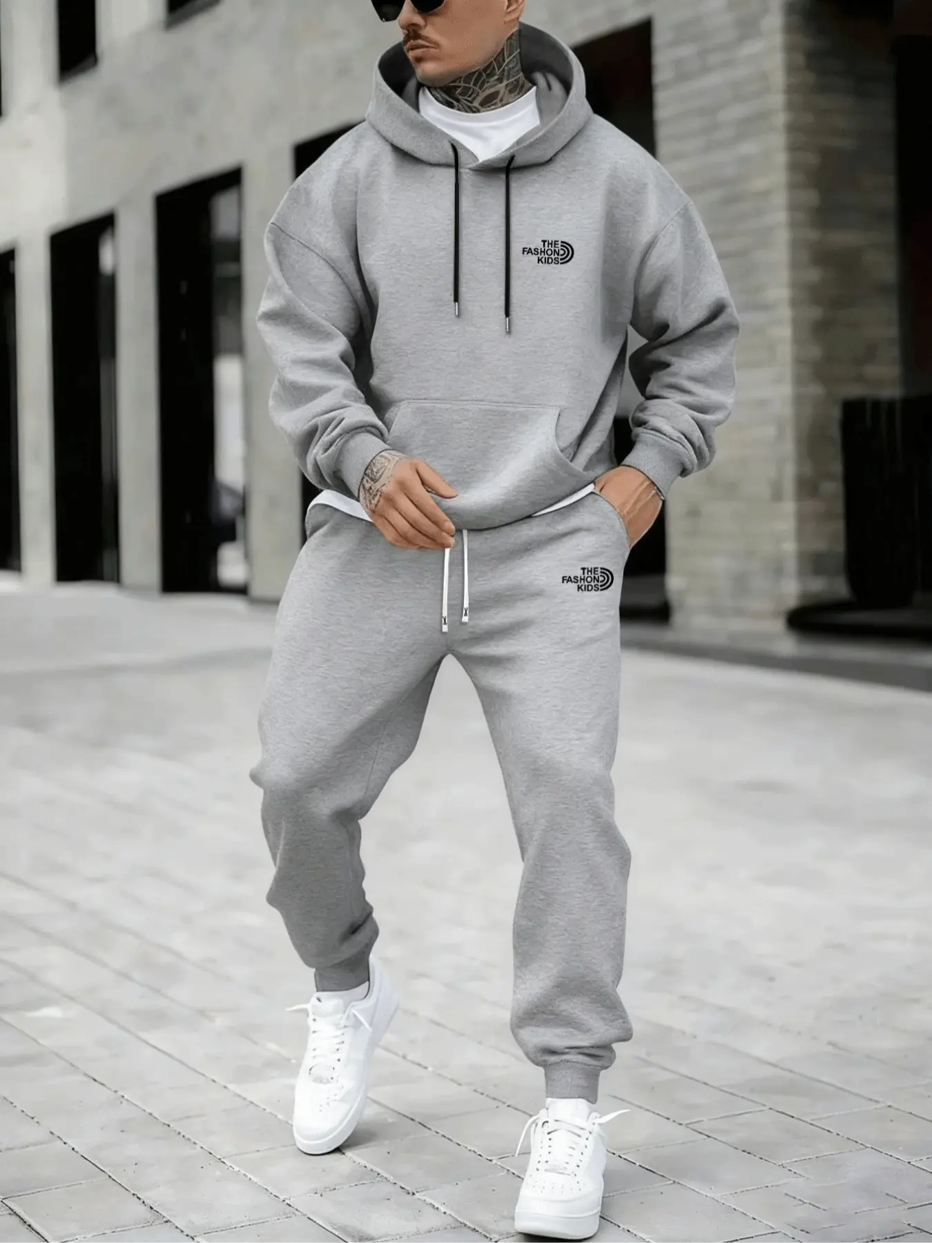 Hypemode Plus Size Set, Man Long Geometric Letter Print Hoodie & Jogger Pants, Casual Style, Comfortable Fit, Daily Wear, Fall & Winter Fashion