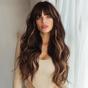 SMILCO/28Inch Highlight Gold with Brown Long Wavy with Bangs Synthetic Wig/SM451