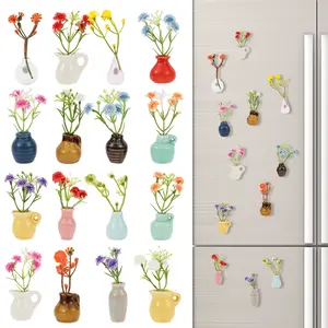 8/16Pcs Mini Ceramic Vase Fridge Magnets with Artificial Flowers - Cute Tiny Flower Vase Refrigerator Magnets, 3D Decorative Ceramic Vase Fridge Magnets for Kitchen Office Locker Decor