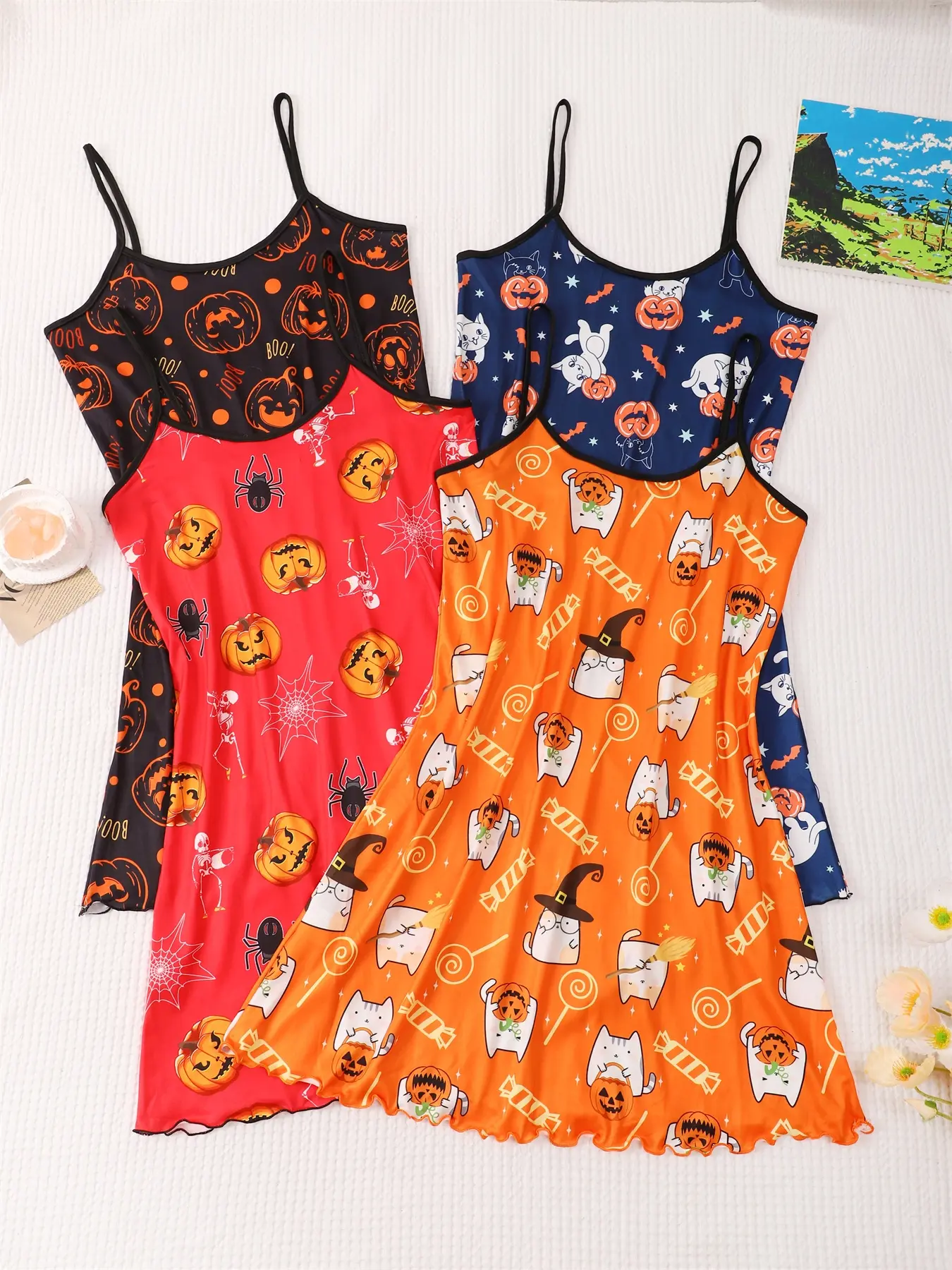4-Piece Halloween Sexy Fitted Sleeveless Spaghetti Strap Nightgown Set, Women's Lace-Up Backless Sleepwear, Nightdress, Loungewear, Spooky Pattern, Comfortable, Stylish Nightwear & Knit, Perfect for Halloween Parties