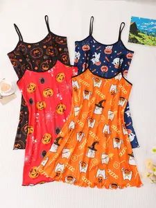 4-Piece Halloween Sexy Fitted Sleeveless Nightgown Set, Women's Lace-Up Backless Sleepwear, Spooky Pattern, Comfortable & Stylish, Perfect for Halloween Parties