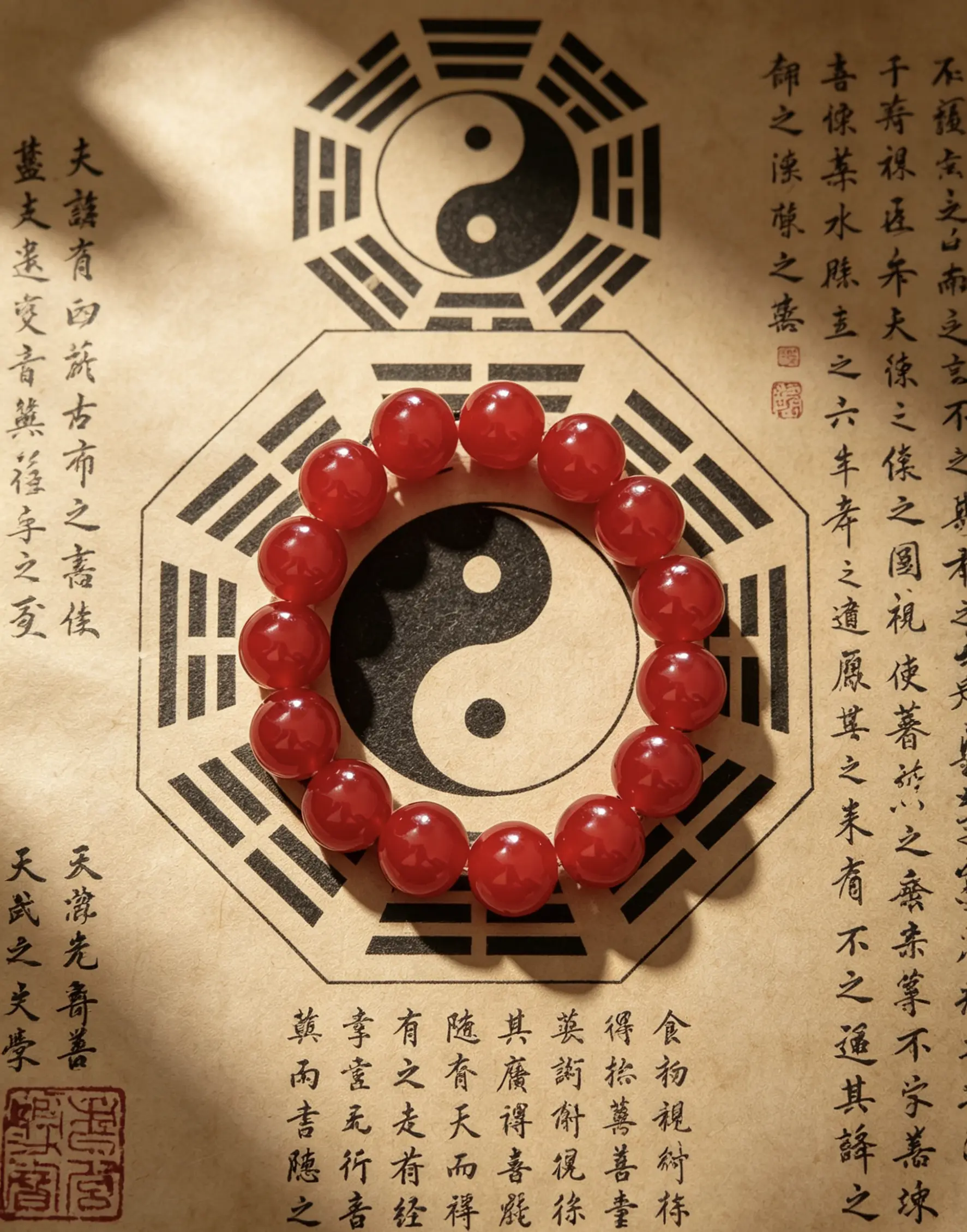 Taoist-Inspired Authentic Smooth Durable Natural Red Agate Beaded Bracelet - Yin Yang Blessing Portable Amulet for Spirituality, Fits Most Wrist Sizes, Fashion Costume Jewelry Bangle