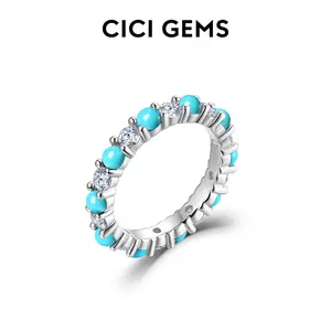 CICI GEMS 3MM Moissanite Eternity Band for Women with Turquoise D VVS1 Stackable Ring 18K White Gold Plated Lab-Created Hypoallergenic Promise Engagement Anniversary Birthday Gift Fine Jewelry