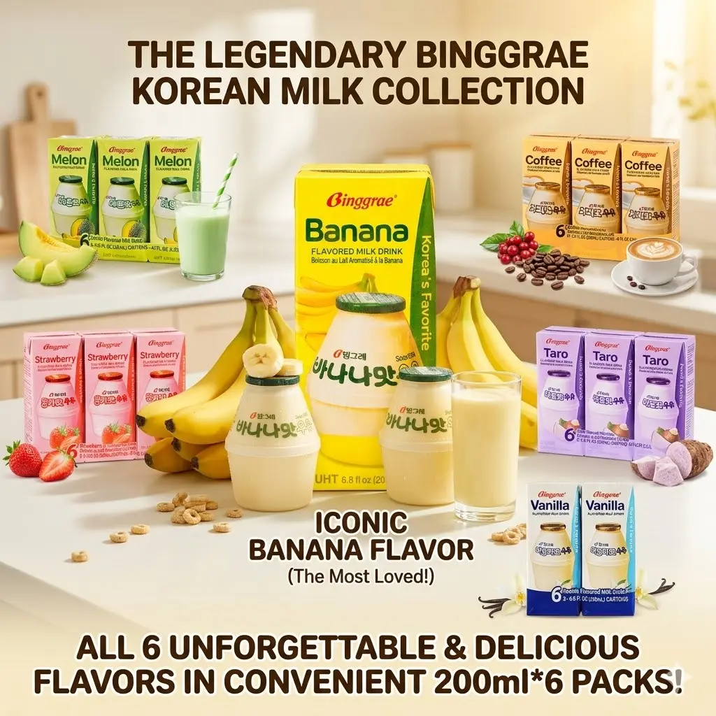 Binggrae Korean Flavored Milk Drink, Iconic Banana Milk & Assorted Flavors (Melon, Strawberry, Coffee, Taro, Vanilla), 6.76fl oz x 6 Packs - Authentic Smooth & Creamy Taste