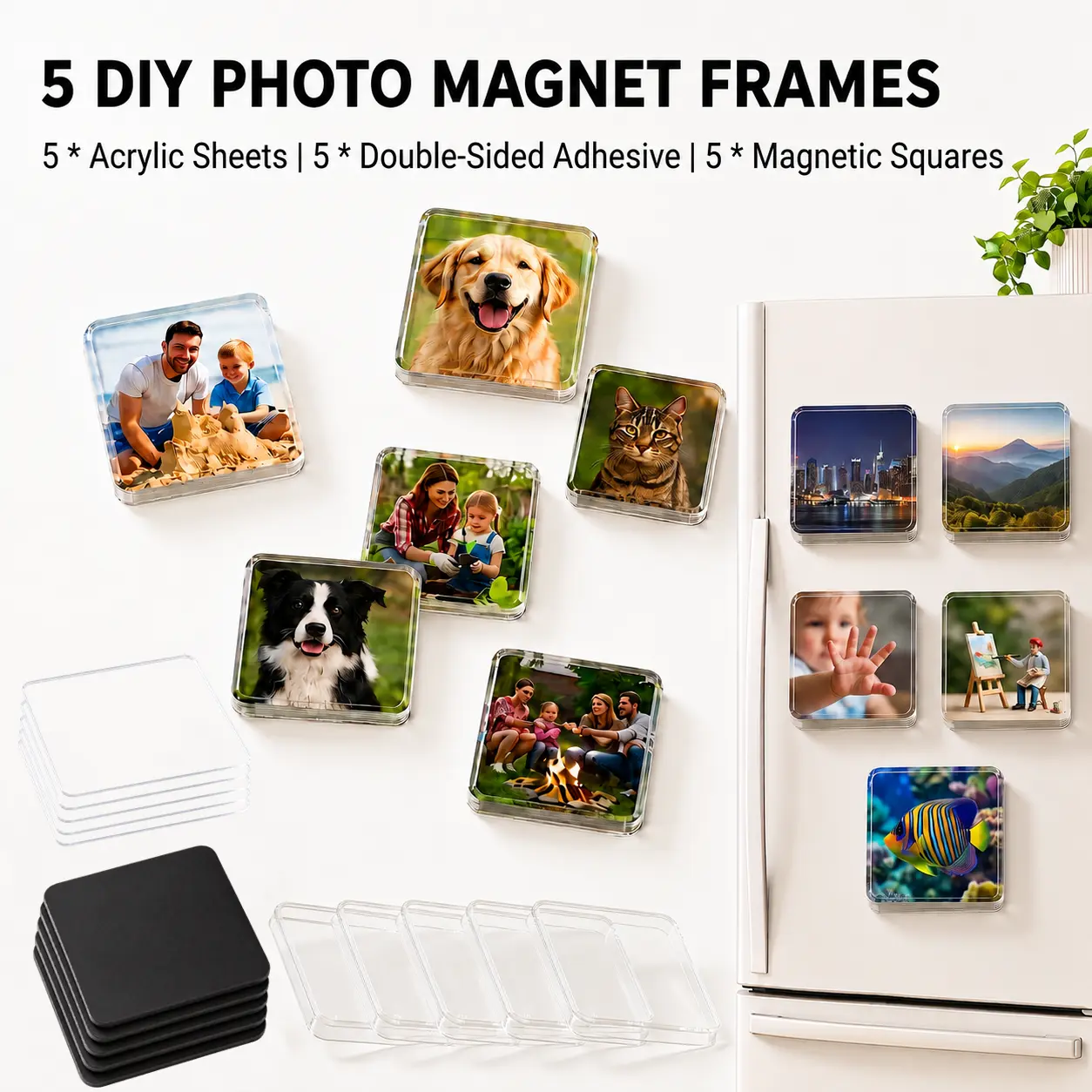 DIY Clear Acrylic Photo Fridge Magnet Kit, Personal Picture Refrigerator Magnets Set, Custom Picture Frame Craft Supplies for Home Decor, Family Pets Pictures Display & Memorial Gifts!