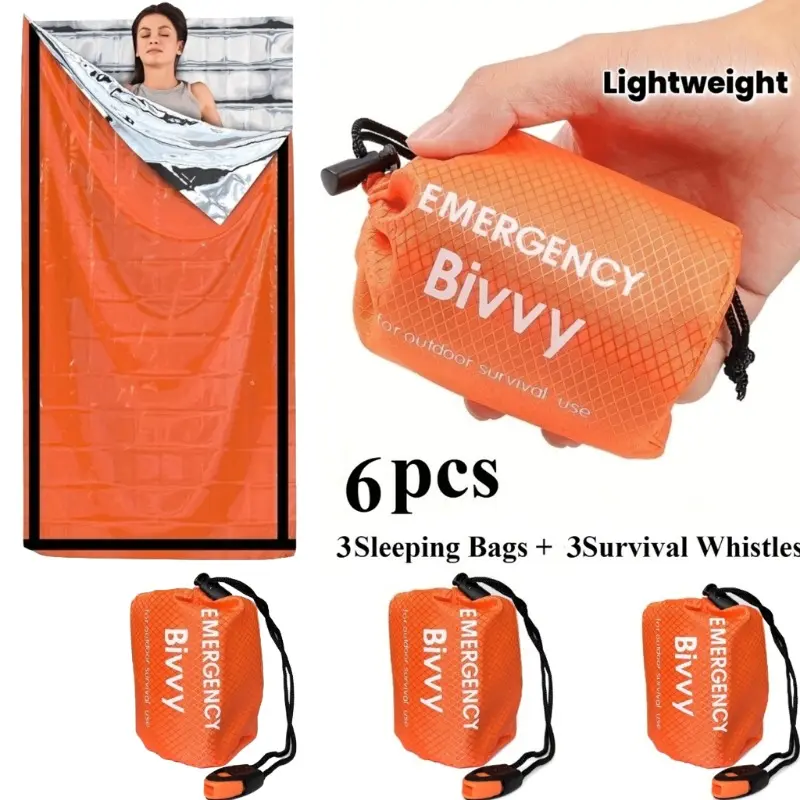6-in-1 Emergency Sleeping Bag Set (includes 3 sleeping bags + 3 survival whistles), Emergency Shelter Bag, Mylar Foil Thermal Emergency Blanket, Lightweight Portable Shelter Gear — suitable for camping equipment, hiking, outdoor activities
