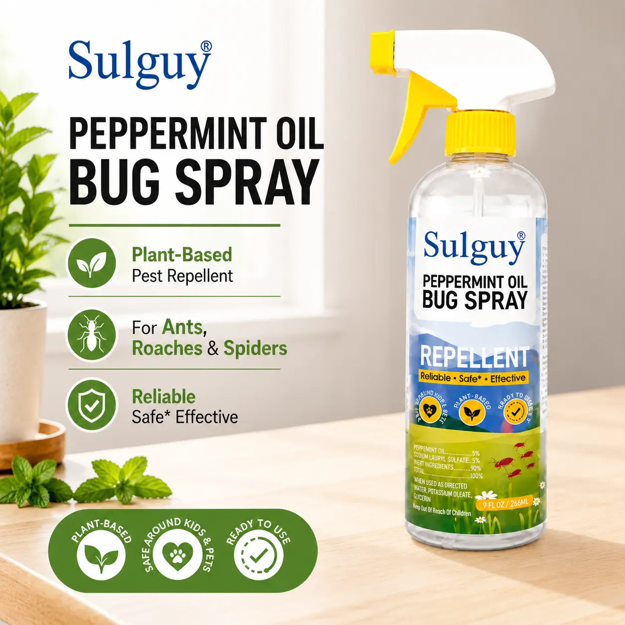 Plant Based Peppermint Bug Spray for Roaches | Family Friendly | Sulguy 9oz Indoor Kitchen Baseboard Spider & Ant Repellent Essential Oil Spray Scent