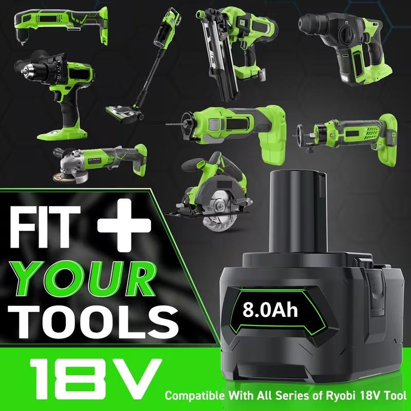 2 Pack 18V 8.0Ah Lithium-ion Battery Replacement for Ryobi One+ P108 P107 P122 P102 P105 Cordless Power Tools - High Capacity High Output Backup