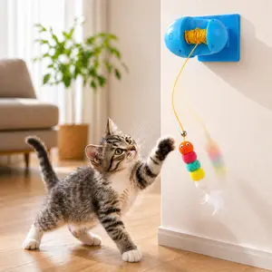 Automatic Yo-Yo Cat Teaser Toy for Indoor Cats, Wall Mounted Moving Rope Cat Toy with Feather Plush, USB Charging Interactive Pet Toy for Kittens & Cats