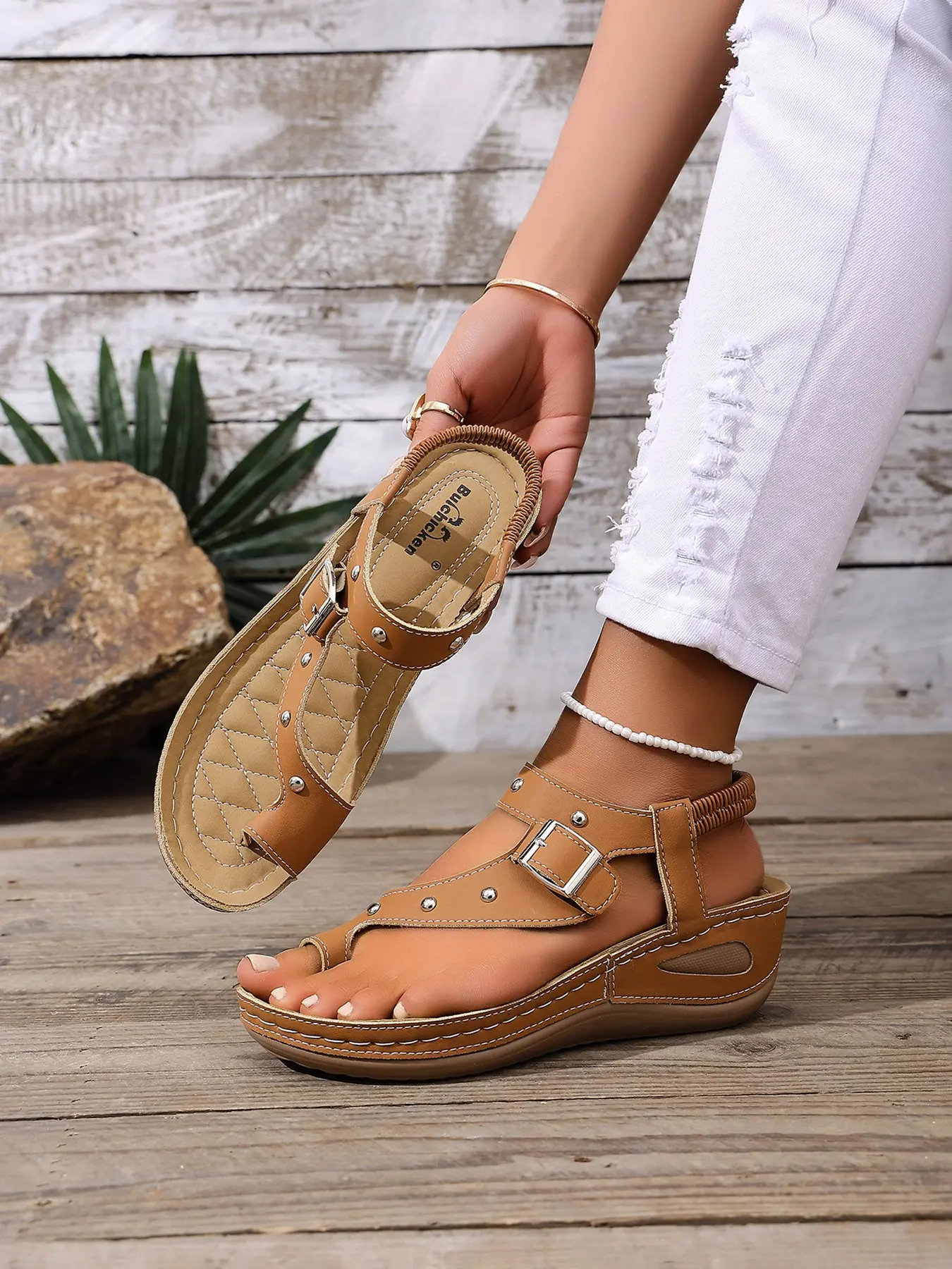 2026 New Studded Elastic Strap Wedge Platform Sandals for Women, Fashionable Wedge Shoes, Summer Wedges, Lightweight PU Sole Orthopedic Comfort Shoes, Summer Walking Footwear