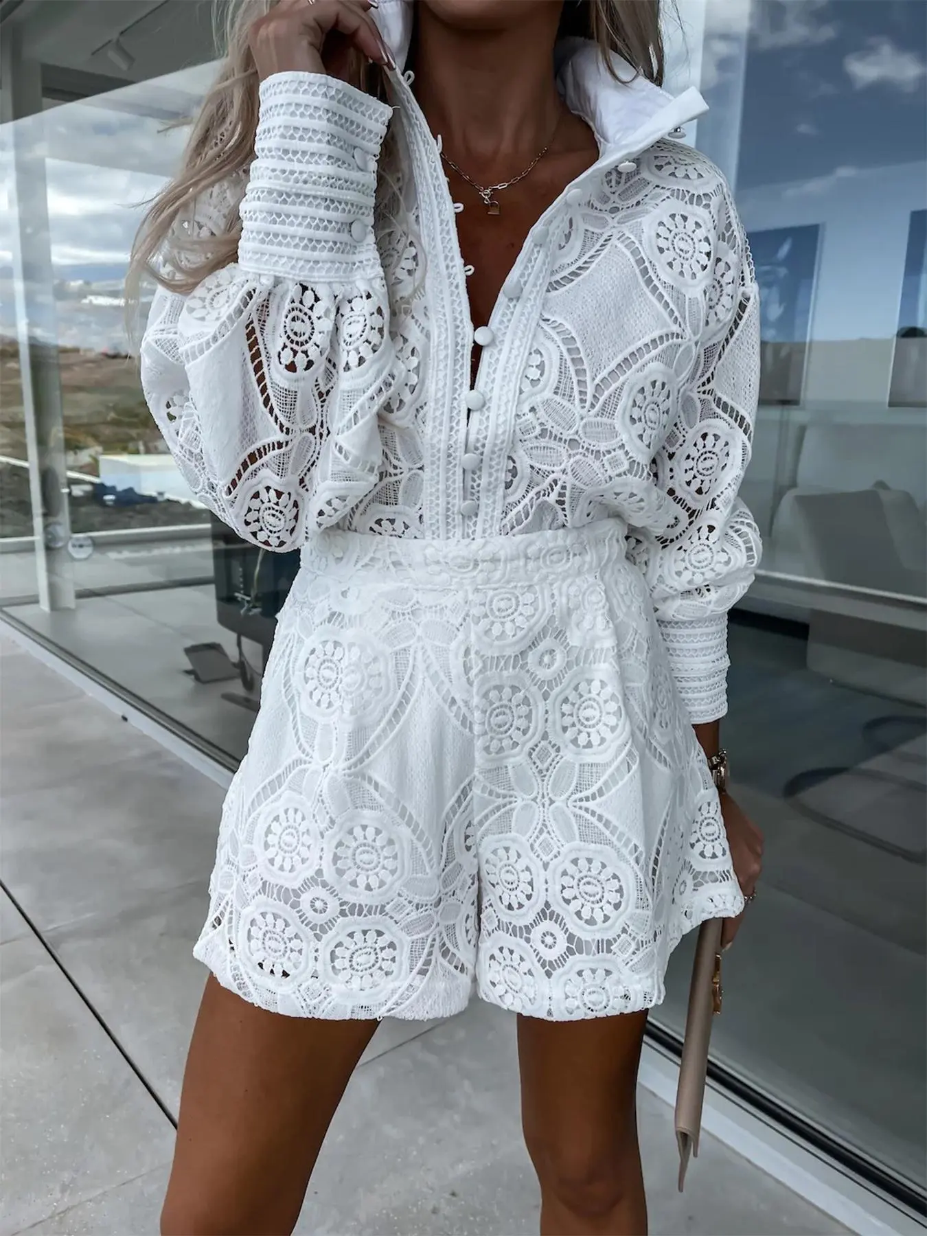 Women's Casual Basic Loose-Fit Button Front Long Sleeve Top & Shorts Set, Casual Style Set, Suits, Spring Fashion Woven Fabric, Solid, Elegant Daily Wear for Women, Lady, Womenswear Clothes