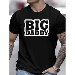 Big Daddy Graphic Men'S Casual T-Shirt - Round Neck, Short Sleeve, Black with White Letter Print, Lightweight & Breathable for Everyday Wear, T-Shirts, Plus Size