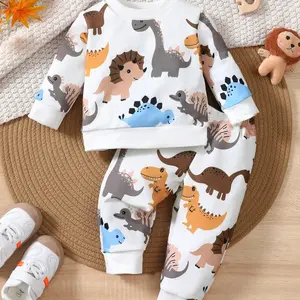 Baby's Dinosaur Print Long Sleeve Tee & Elastic Waist Pants Two-piece Set, Casual Round Neck Top & Trousers for Spring & Fall, Infant Toddler Kids Clothes, Baby Boy Clothes