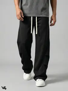 Vibe404 Men's Black Wide Leg Stacked Sweatpants Textured Knit Baggy Trousers Loose Fit Y2K Streetwear Open Bottom Casual Pants with Zipper Pockets Gym Essentials Casual Solid Drawstring