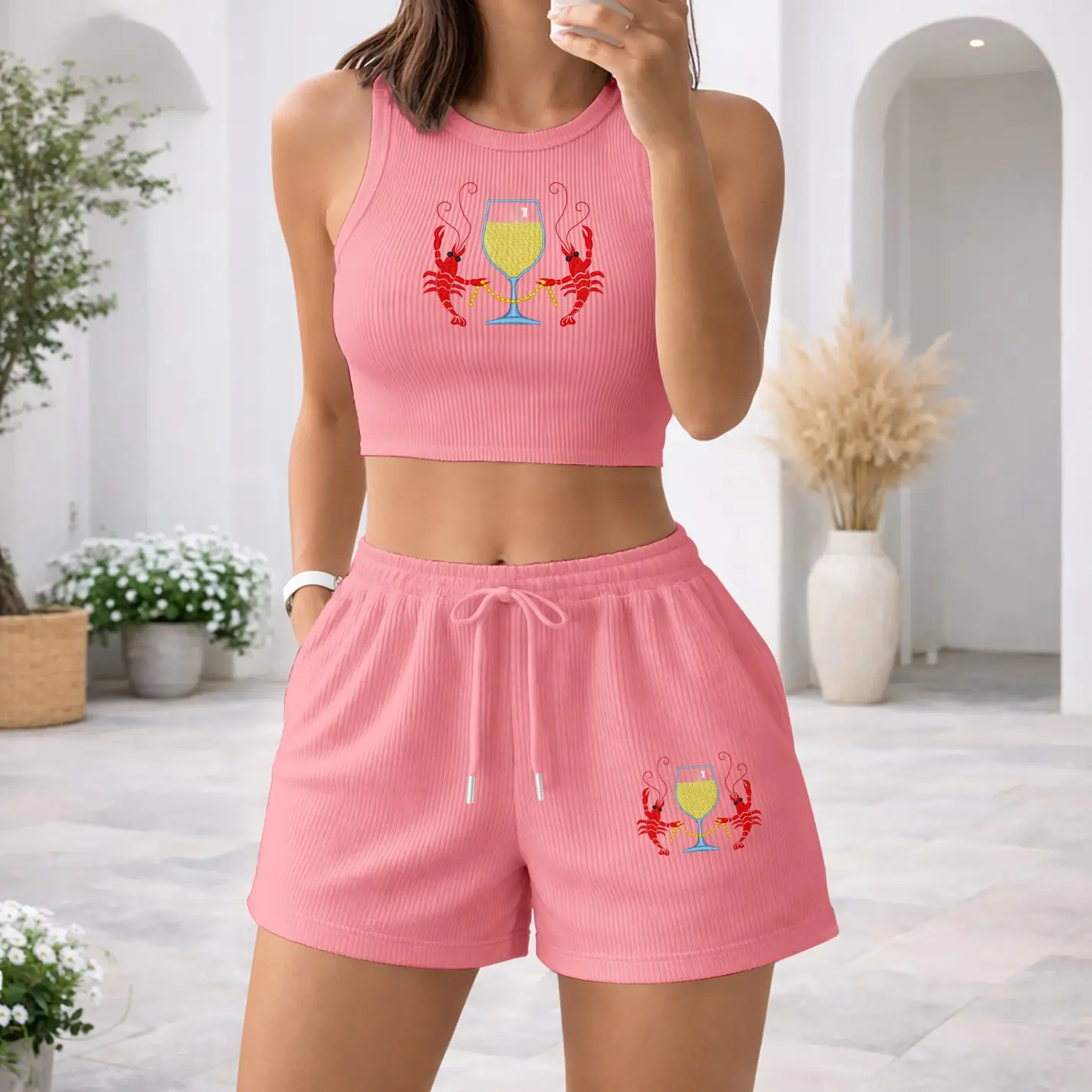 Women's Casual Two-Piece Set featuring a Lobster Print—comprising a sleeveless cropped tank top and shorts. Crafted from soft, stretchy fabric, this summer outfit is perfect for both vacation getaways and relaxed home wear.
