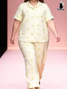 Women's Plus Size Bow Plaid Print Pajamas Pyjamas Nightwear Sleepwear Homewear | Short Sleeve Collared Shirt & Long Pants 2-Piece Set | Casual Loungewear for Home and Outdoor