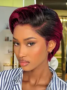 Colored Highlight Wig 13x4 Transparent Lace Wig Straight Short Pixie Cut Wig Remy Human Hair Wigs For Women 8 Inch 150% Density