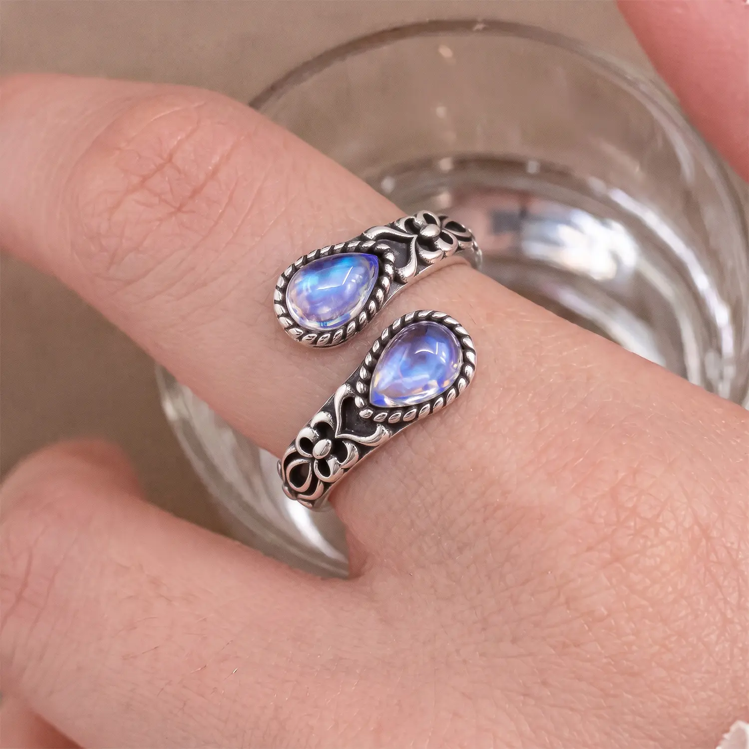 S925 Sterling Silver Moonstone Open Ring, Adjustable Boho Thumb Ring for Women & Men, Vintage Style Everyday Jewelry Gift