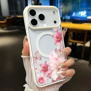 Magnetic Soft Case for iPhone 17 16 15 14 13 12 11 Air Plus/Air/ProMax/Pro,Samsung S25,S24,S23,S22,Ultra Plus FE Blush Floral Cascade Pattern Anti-Yellowing Shockproof ultra-thin Silicone Crystal Transparent Acrylic Cover Supports Wireless Charging