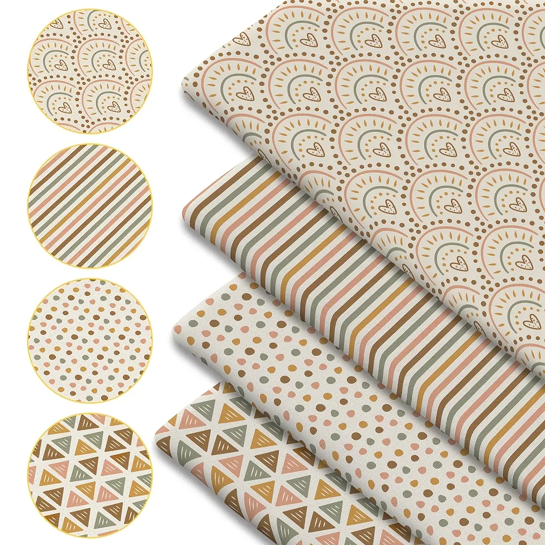 4-Piece Bohemian-Style Printed Fabric Set - 18x22 inches (55x45 cm) Pre-cut Polyester Fabric, Heart-Shaped Stripe Pattern - Ideal for sewing, scrapbooking, tablecloths, and crafts