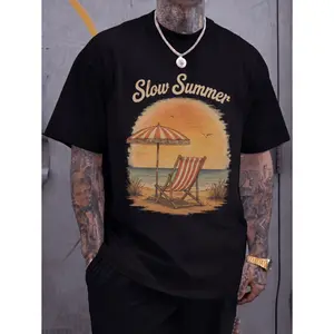 Vintage Beach Graphic Tee Slow Summer Sunset Deck Chair Umbrella Printed Tee Retro Striped Lounge Scene On Black Casual Wear Unisex Top Summer Shirt Aesthetic Tee Streetwear Style Trendy Design Soft Fabric Breathable Cotton Blends