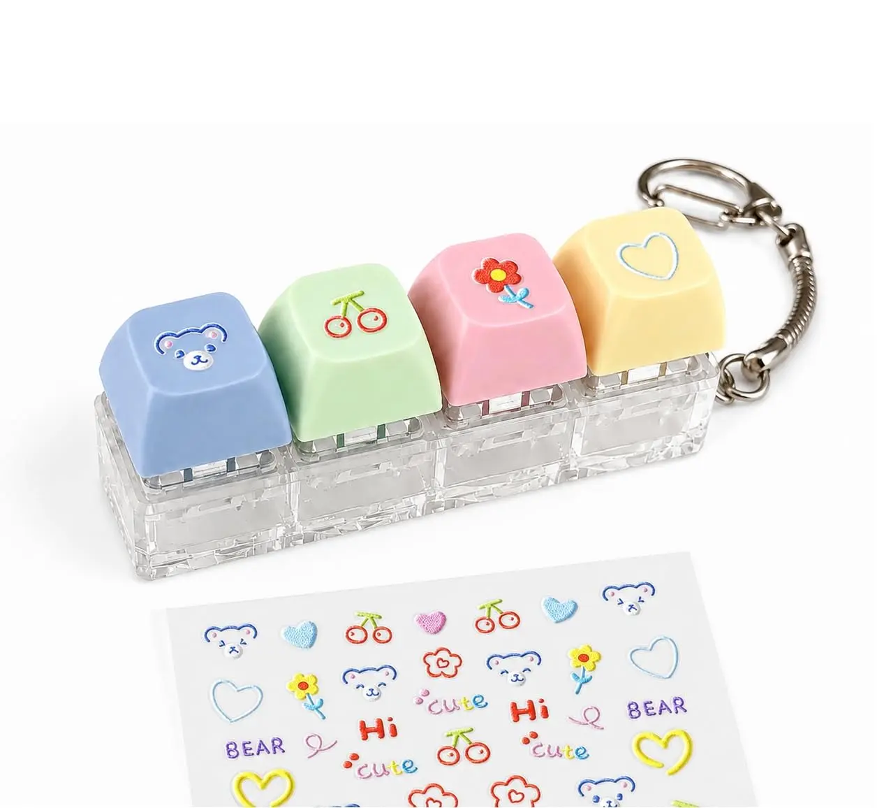 Keyboard Fidget Clicker Fidget  - 4-Key Mechanical ASMR Keyboard Keychain with DIY Cute Stickers,  Stress Relief, Portable EDC Fidgets for Adults & Kids toy relaxation Elastic Bounce Butter Stick Toy Slow fast push game  sensory squishies Capsule Toys