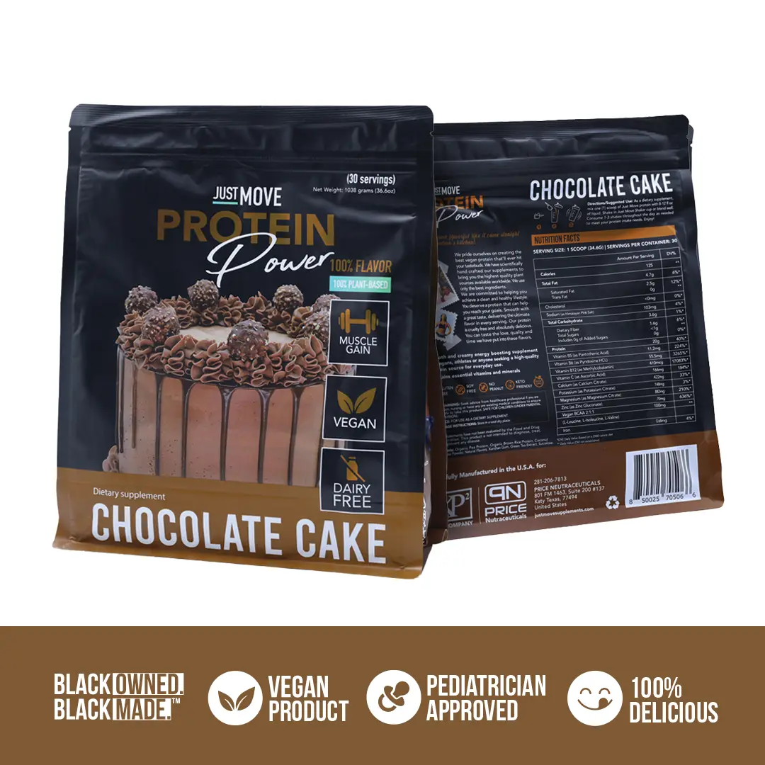 Just Move Protein - Chocolate Cake - Vegan (Plant Based) Organic, Dairy Free, Soy Free, Gluten Free, Keto, Peanut Free, 20g Protein, Low Carb, Non GMO