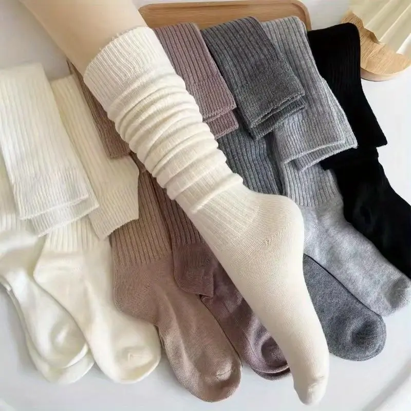 Women's 5-Pair Casual Comfy Socks, Thick Warm Mid-Calf Boot Socks with Solid and Striped Accents, Soft Elastic Fabric for Winter, Elastic Socks,clothes for back to school,first day of school outfits