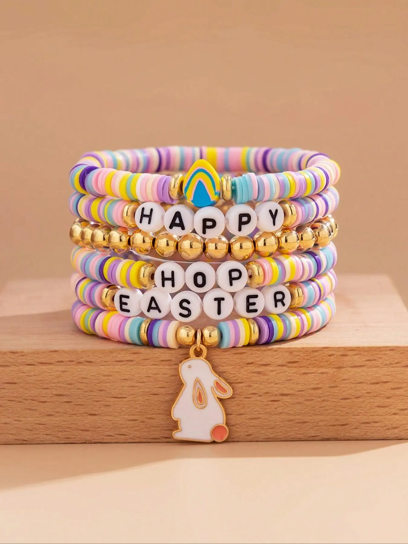 Fashion Easter Bunny Egg Pendant Bracelet Set, Beaded Bracelet, Clay Bead Bracelets, Colorful Soft Clay Letter Beads, Casual Daily Wear Jewelry Gift for All Seasons