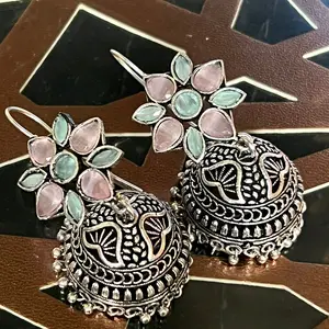 Greman silver jhumkas Pink+Mint
