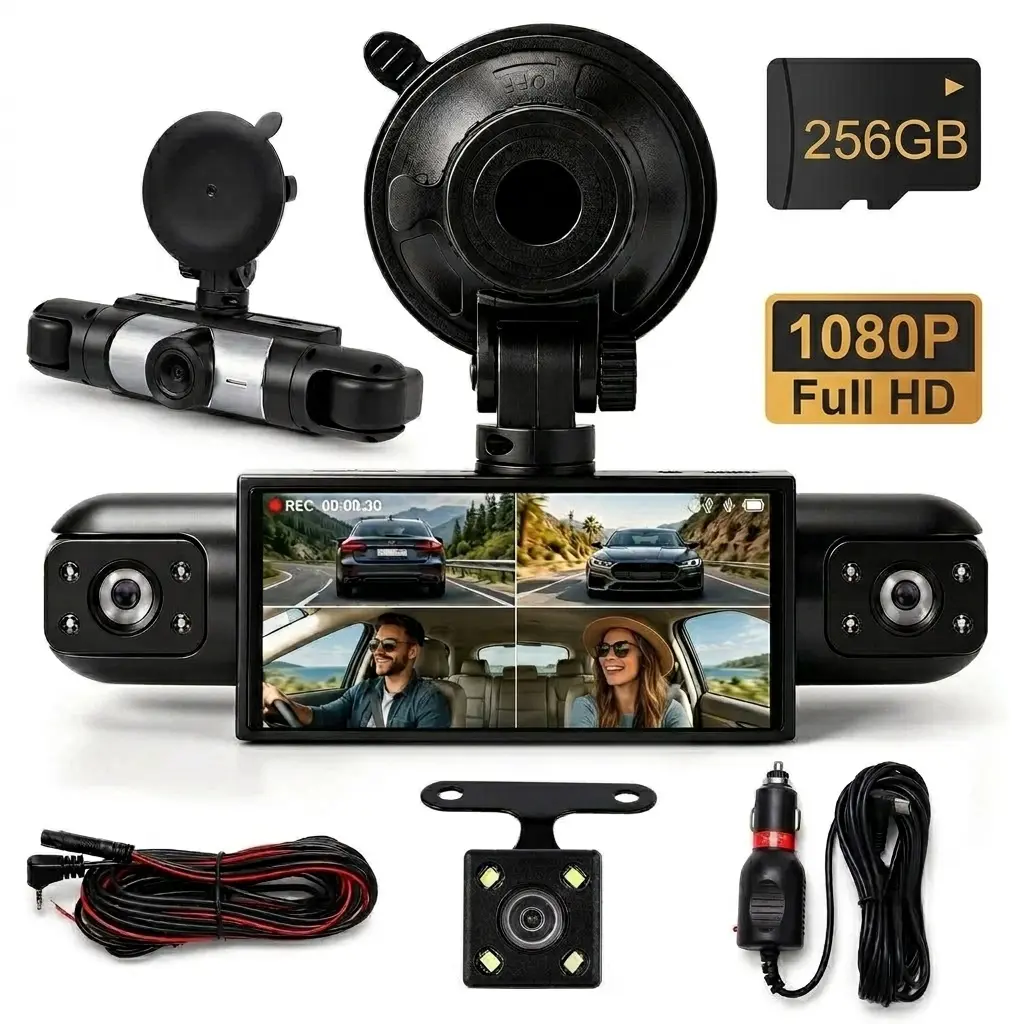 4 Channel Car Dash Cam, 1080P Full HD Quad Lens Automotive Video Recorder with 3.16in IPS Screen, Night Vision, Wide Angle, G Sensor, Wired Plug-and-Play (Not Wireless), 256GB SD Card for Driving Safety (Dashcam Front and Rear Camera Included)