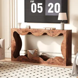 Garvee 63" Rustic Scalloped Entryway Console Table, Narrow Wood Sofa Table with Storage, Ideal for Living Room, Hallway, and Apartments in Brown Finish