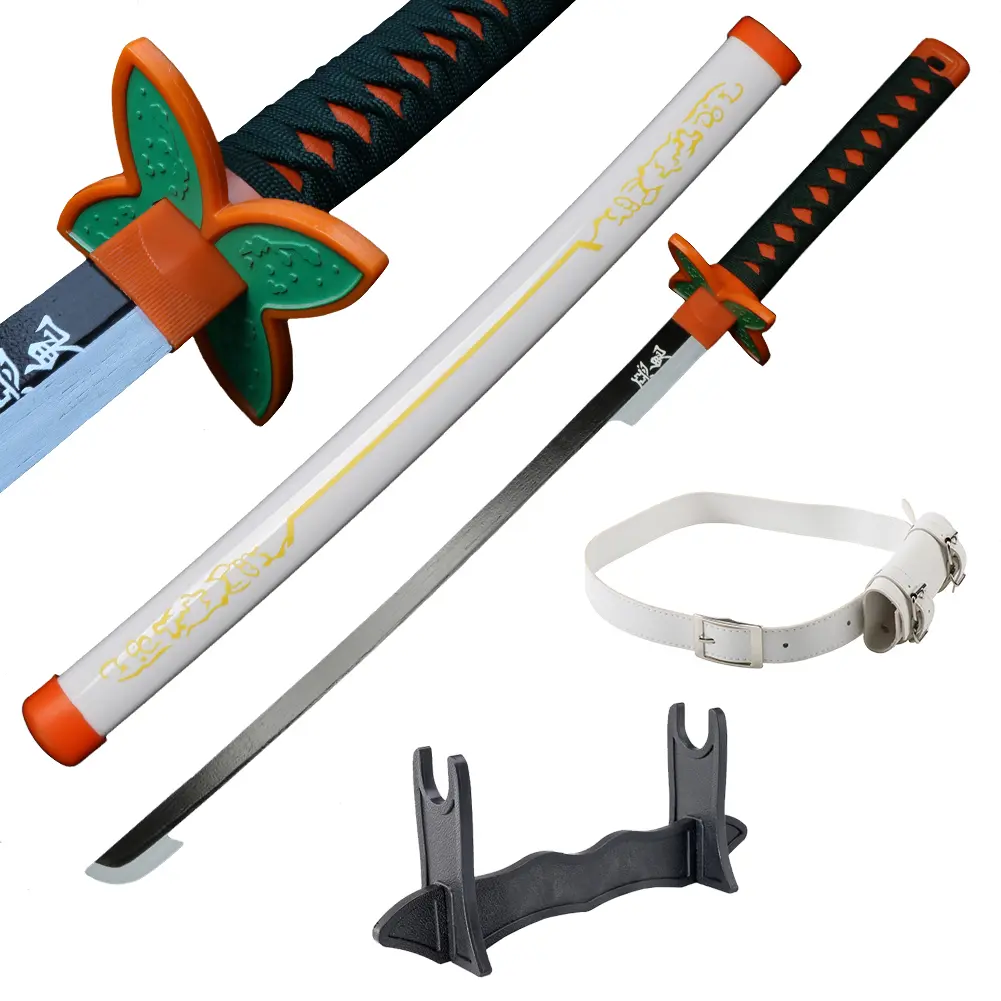 Demon Slayer Kochou Shinobu Katana Replica, 31 Inches Bamboo and Plastic Sword with No Sharp Blade, Includes Belt and Stand for Halloween Cosplay, Decoration, Wood, Role Play, Unisex