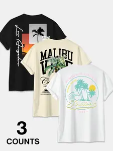 3-Pack Los Angeles Malibu Palm Tree Tropical Graphic T-Shirts | Summer Beach Streetwear Casual Tees Set