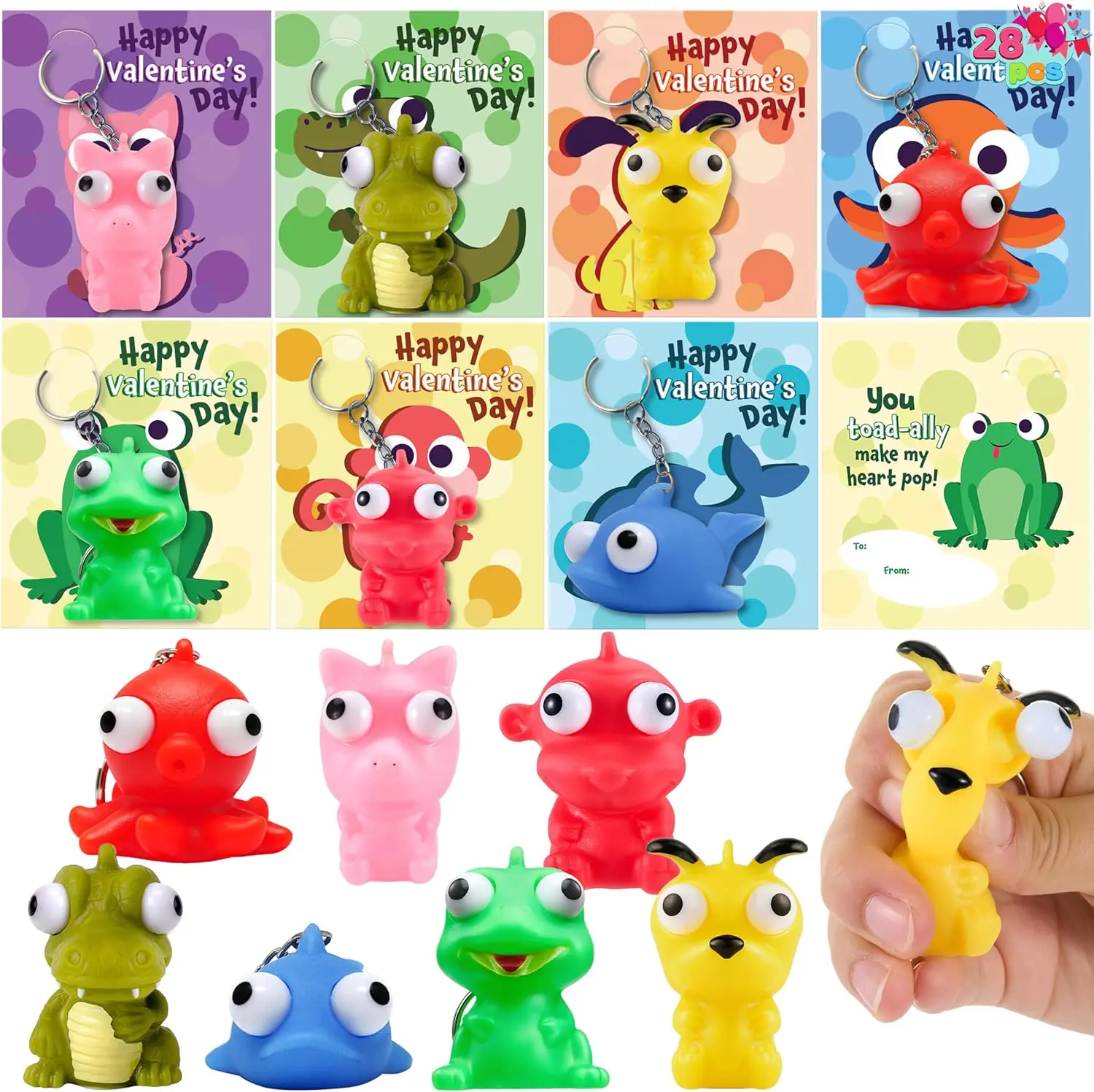 28Pcs Animal / Sea Animal Keychains featuring Popping Eyes with Kids Valentines Cards 2025 Valentine Exchange Cards
