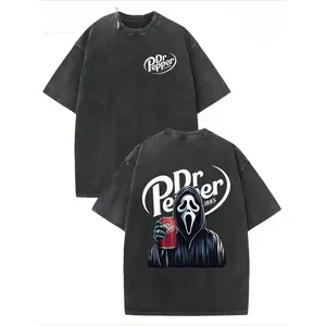 Ghostface Horror Graphic Tee Oversized Vintage Acid Washed Heavyweight Cotton T-Shirt Y2K Streetwear Double-Sided Top for Men Women Trendy Dr Pepper Print Spooky Casual Fashion Apparel Cool Unique Gifts Viral TikTok Clothes Must Haves Daily Wear Outfits