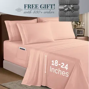 Mocassi Extra deep 18-24 Inch Pocket 3 Line Embroidery, 6-Piece Sheet Set, Bright Shades