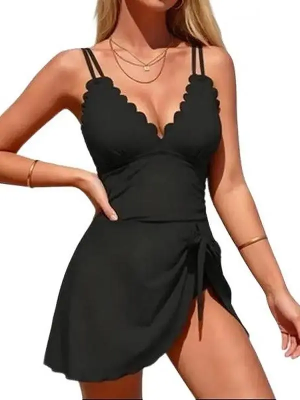 AgeRose Women's V-Neck Resort Swimsuit Dress, Solid Color 1-Piece Tummy Control Swimwear with Double Straps and Side Tie