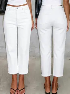 Mid-Waist Straight Leg Jeans, Simple Frayed Edge Design, Women's Casual Denim Jeans, Daily Wear, Fashionable Long/regular Length