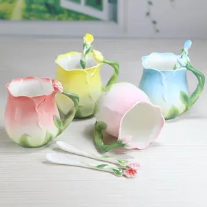 Set of 2 Rose Flower 3D Design Ceramic Tea Cups with Spoons, 320ML Capacity, Stylish Country Style Coffee Mugs, Available in 4 Colors, Teacup