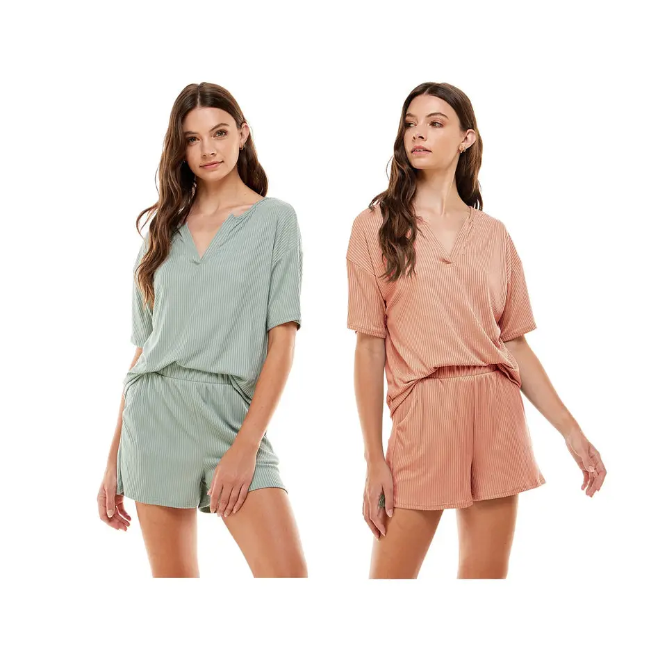 Women's Ribbed Knit Pajama Sets Short Sleeve Top and Shorts 2 Pieces Loungewear Sweatsuit outfits with Pockets Fabric Loose teengirloutfits outfits jortsoutfitwomen trackset prettylittlething twopieceset outfit girls fluffypajamapants Nightwear Womenswear