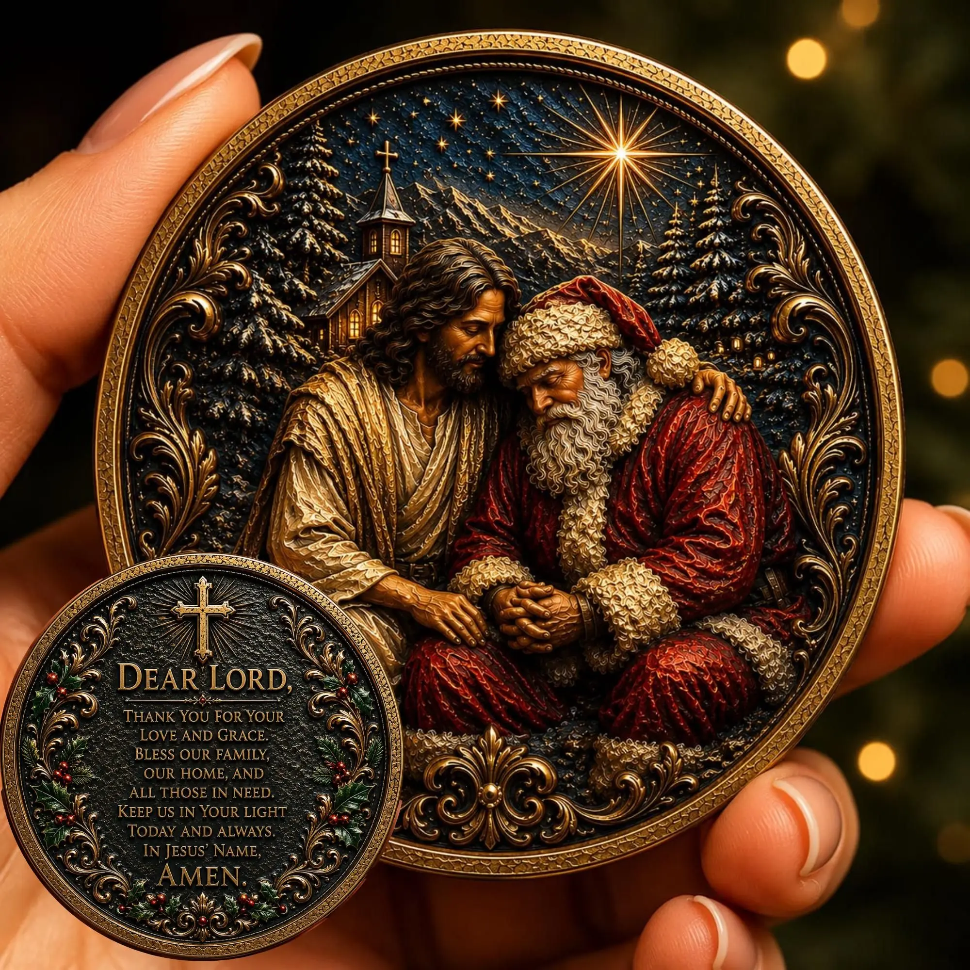Christian Christmas Gift, Jesus & Santa Prayer Coin Ornament , Religious Christmas Keepsake, Christian Gift for Men, Faith Challenge Coin