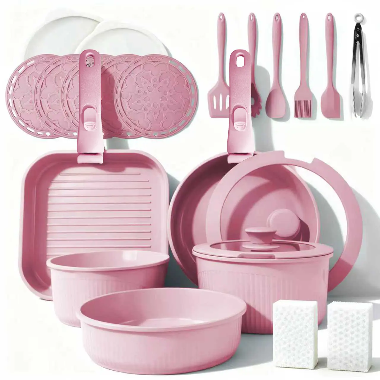 【TM】24-Piece Non-Stick Cookware Set Induction-Compatible Kitchen Cookware Set Includes Skillet/Wok/Soup Pot/Steak Pan Removable Handles Home & RV Kitchen Set Stackable Kitchen Accessories Easy to Clean Multiple Available