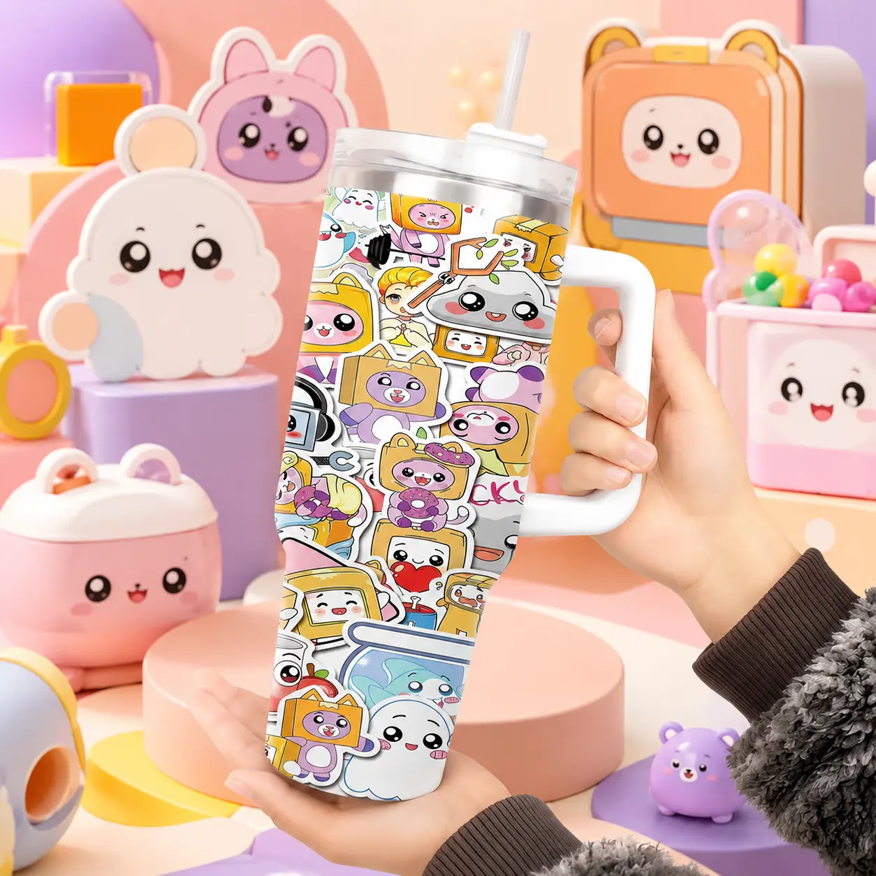 LankyBox Kids 40oz (1,000-2,000 ml) Stainless Steel Vacuum Flask - Leak-Proof, Explosion-Proof, Heat-Resistant Modern Travel Mug with Handle, Fun Cartoon Stickers, Keeps Drinks Hot 12H/Cold 24H, Ideal for School Home Outdoor Use